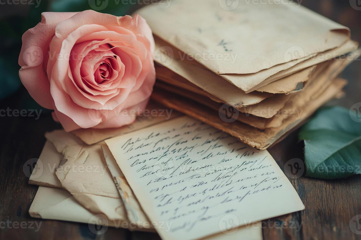Pink rose lying on old love letters and envelopes on a wooden table photo