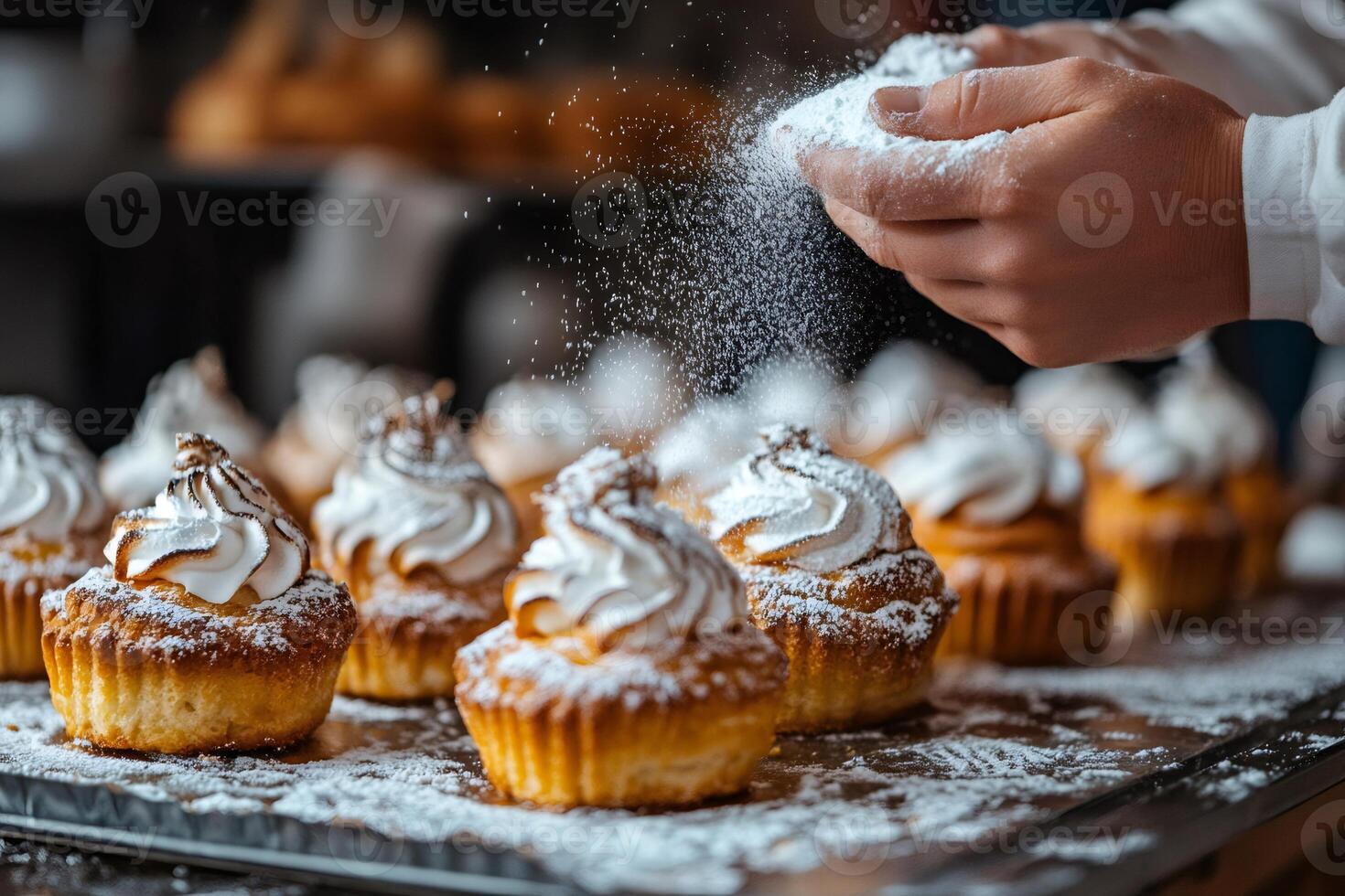 Pastry chef sprinkling icing sugar on delicious cupcakes in bakery photo
