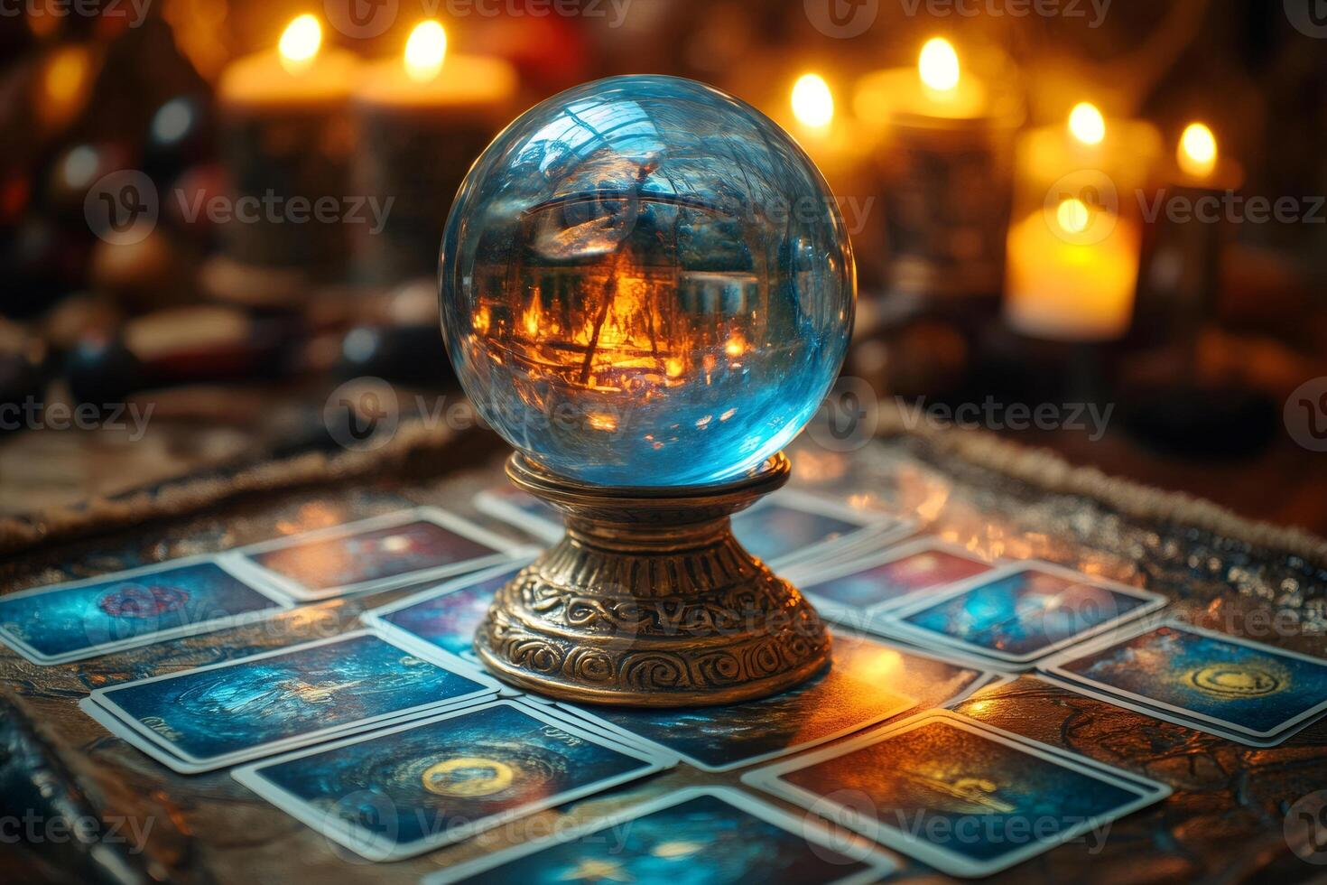 Crystal ball reflecting burning house stands on tarot cards in candlelight photo
