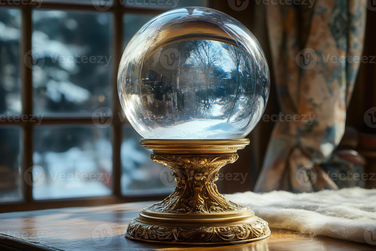 Crystal Ball Reflecting Snowy Landscape on Ornate Gold Stand photo