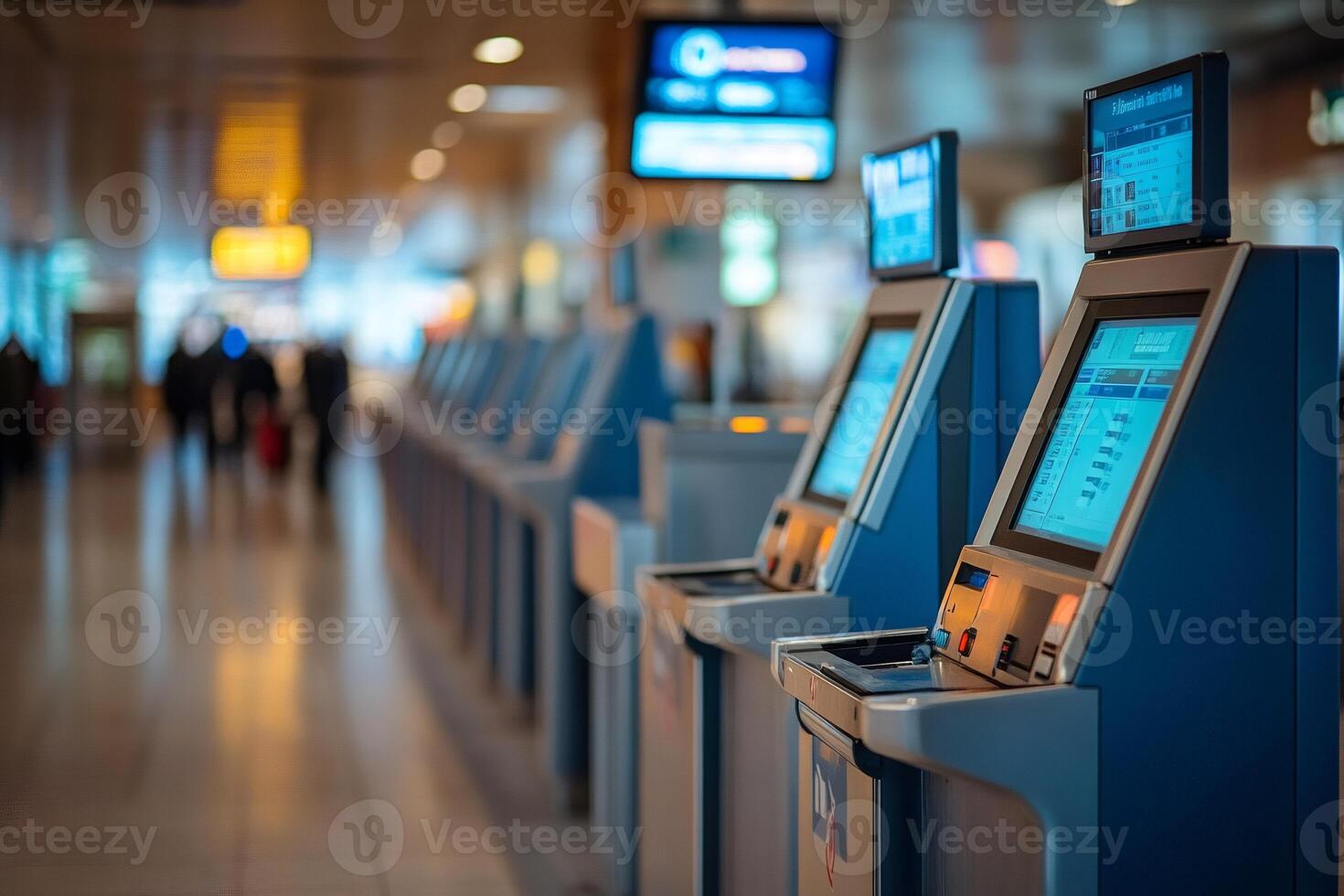 Row of self service check in kiosks is waiting for passengers in airport terminal photo