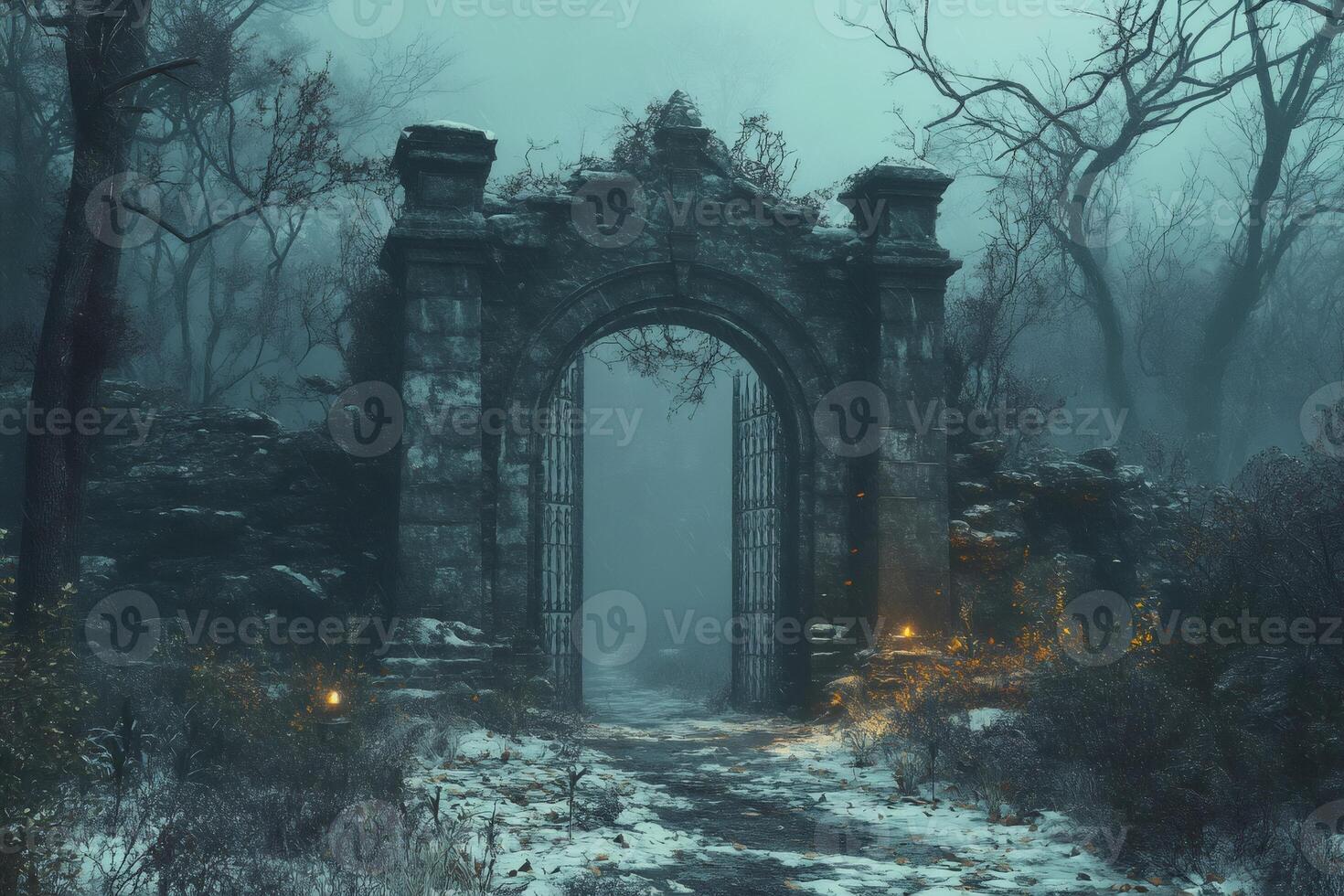 Old mysterious gate to the foggy forest during winter night is opening to the unknown photo