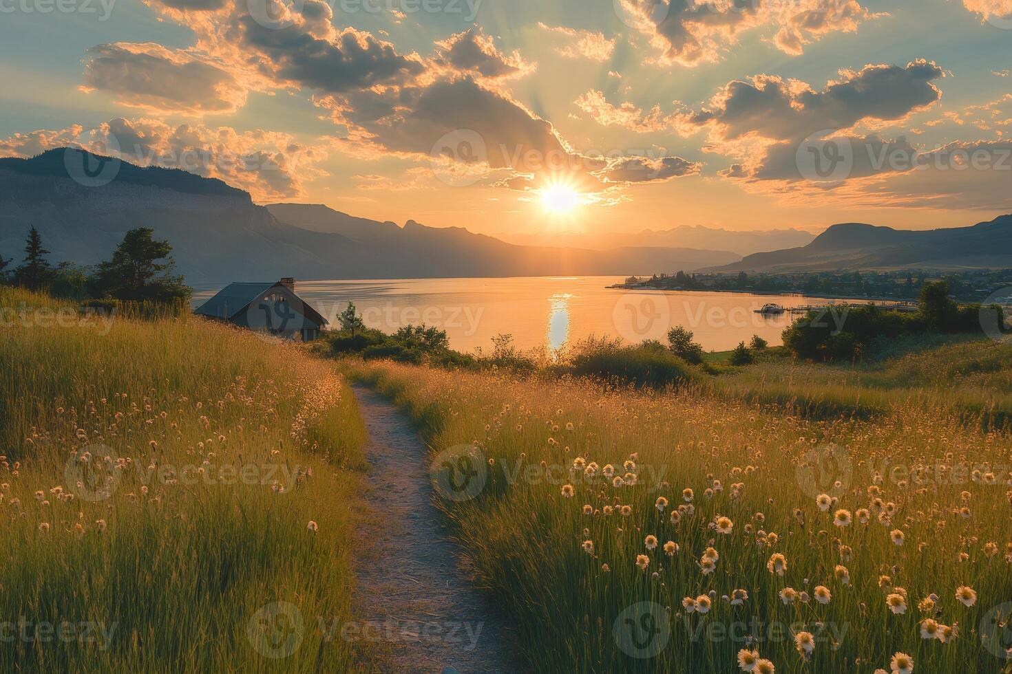 Golden sunset illuminating path, lake and mountains in the Okanagan Valley, British Columbia photo