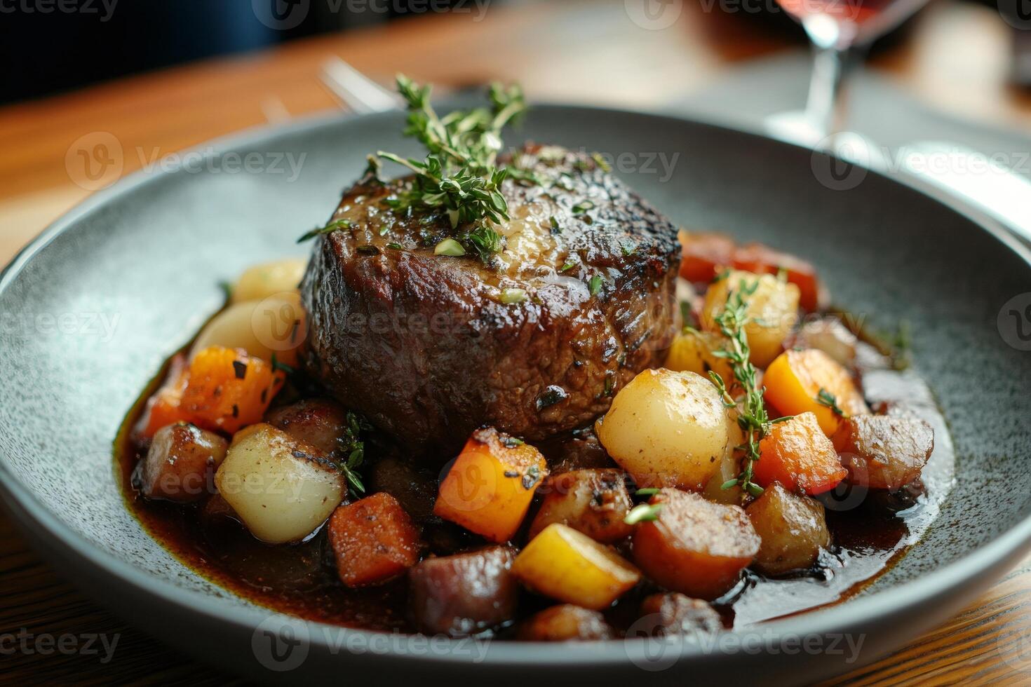 Delicious beef steak with roasted vegetables and gravy resting on a plate photo