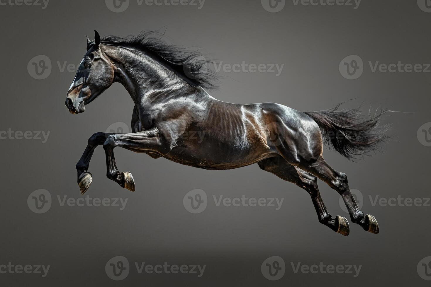 Powerful black horse jumping with flowing mane and tail on gray background photo