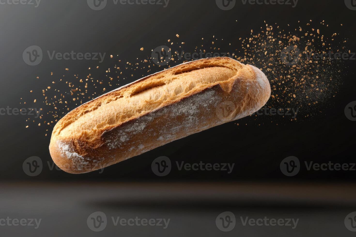Freshly baked baguette floating in mid air with bread crumbs exploding from its side photo