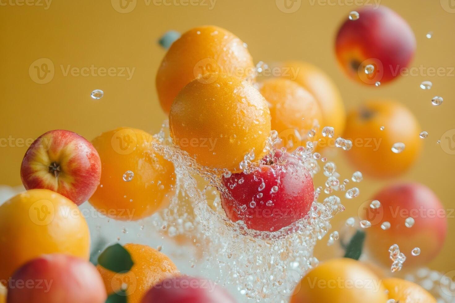 Fresh apples and oranges splashing in water against yellow background photo