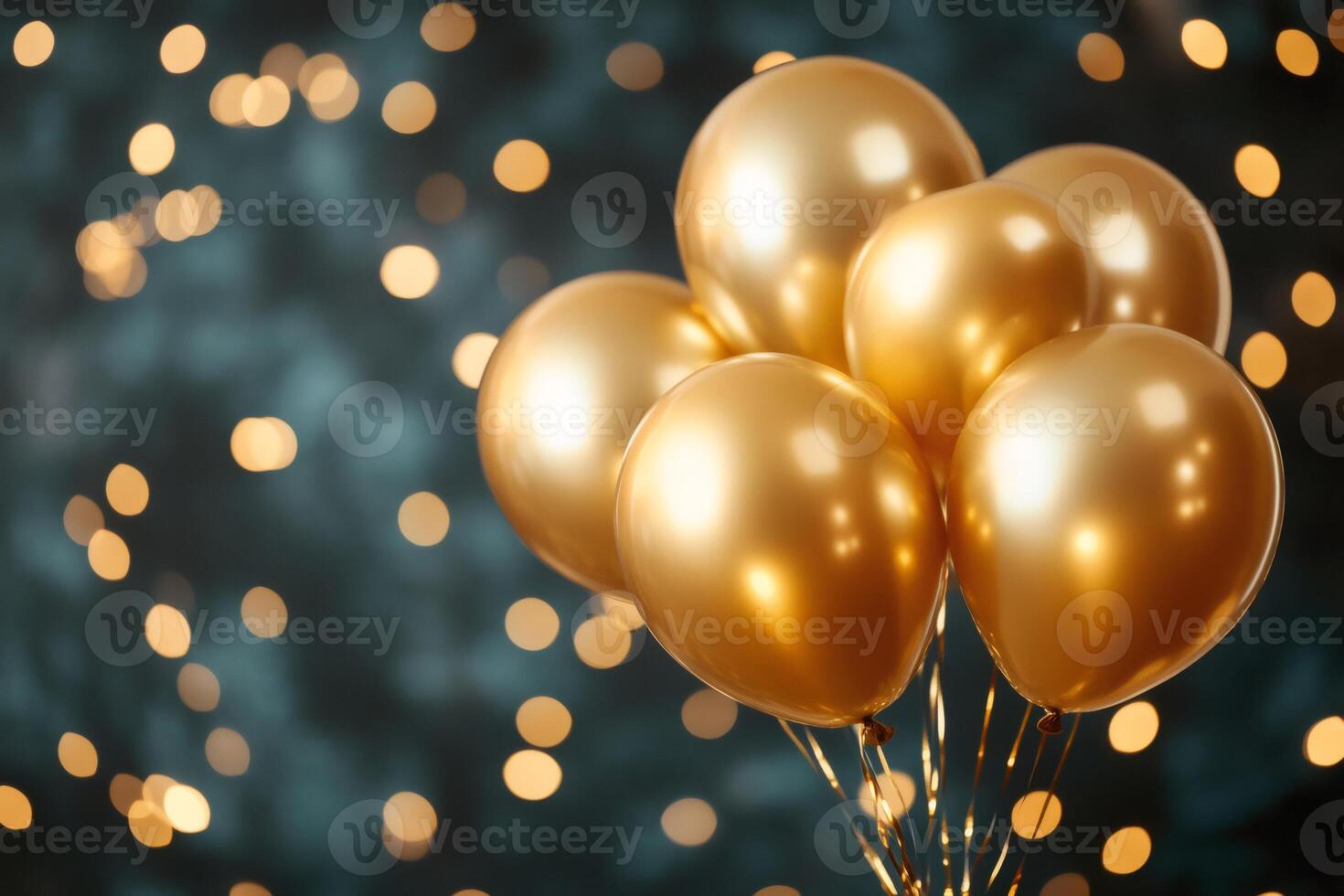 Golden Balloons Floating on a Sparkling Dark Green Background photo