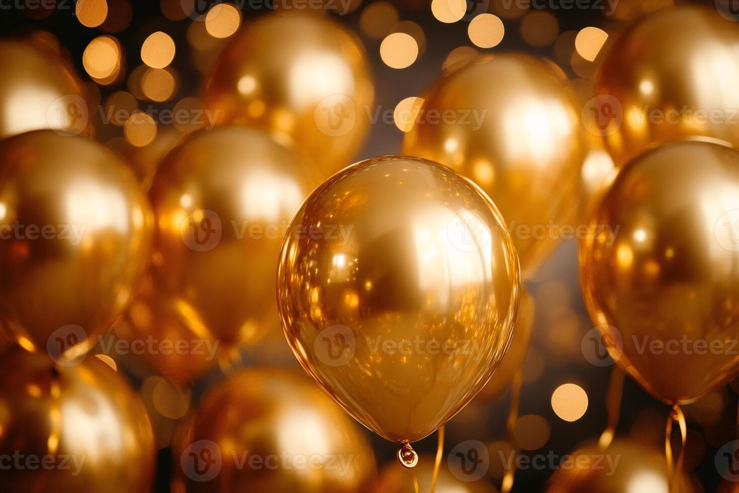 Golden balloons floating with blurred lights creating a festive atmosphere photo