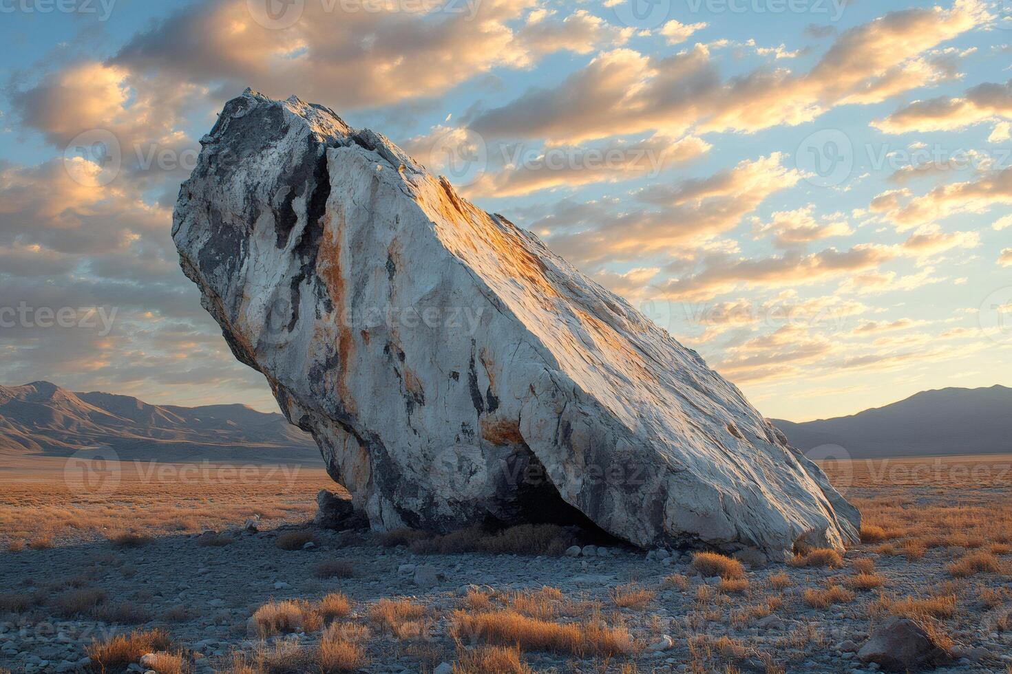 Striking view of a massive rock in the desert landscape under a vibrant sunset sky photo