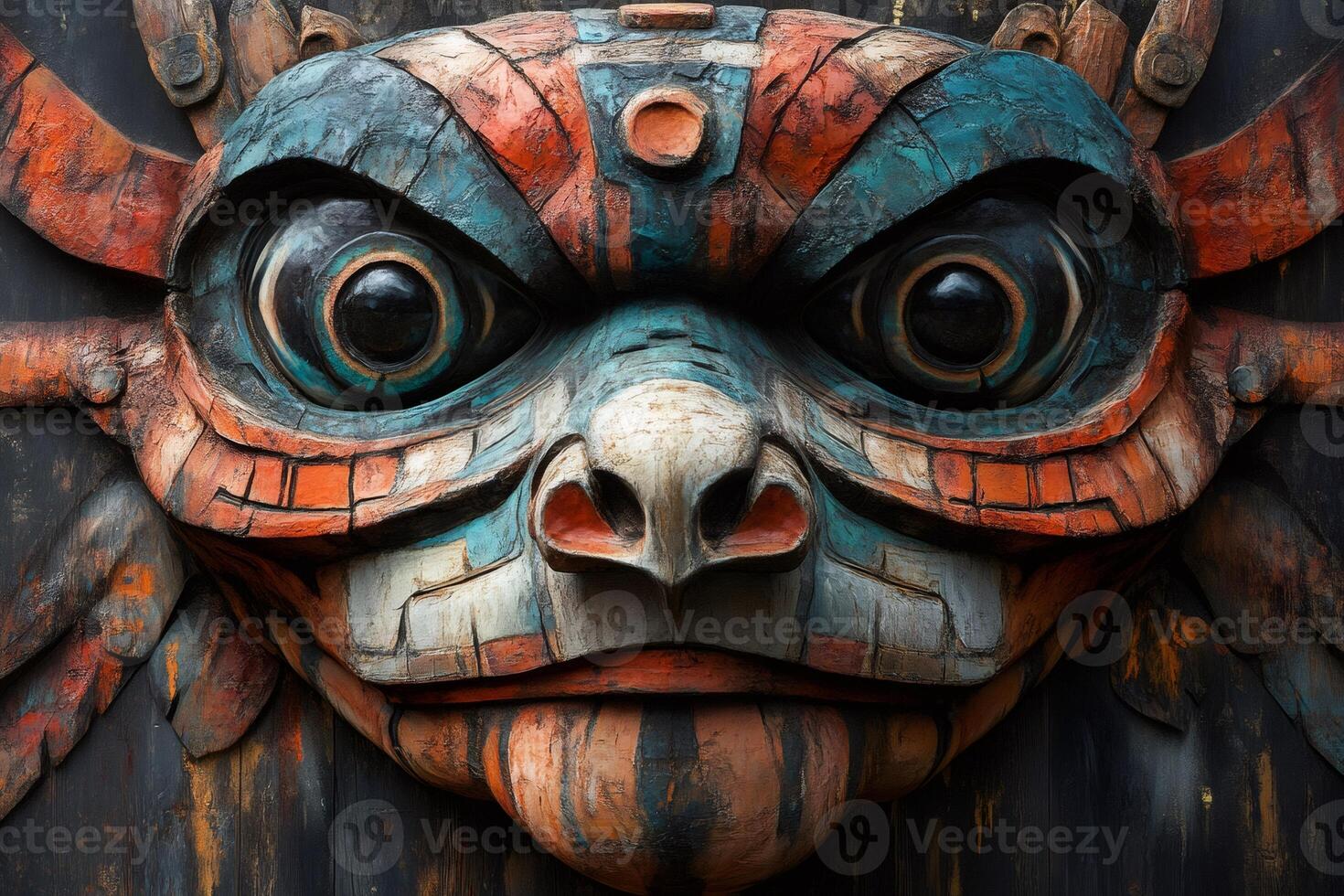 Intricately Carved Aztec Mask with Bold Colors photo