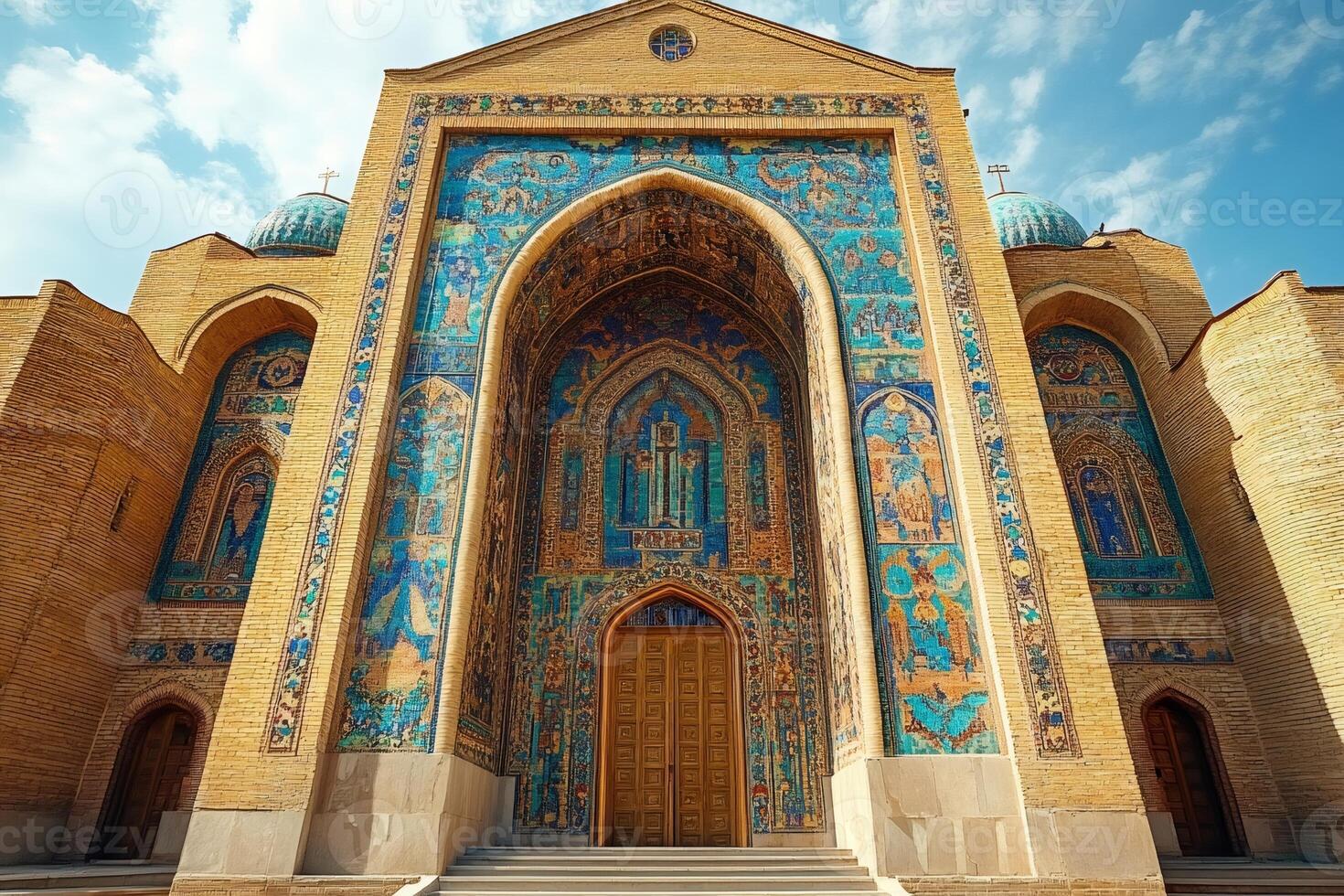 Breathtaking facade of the Minor Mosque showcasing intricate mosaic art and impressive architecture in Tashkent, Uzbekistan photo