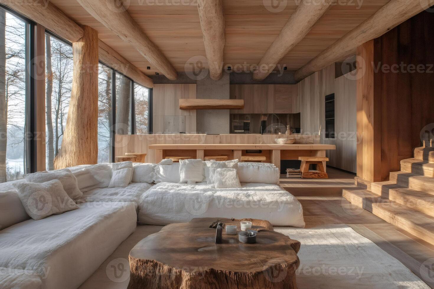 Modern wooden chalet interior design featuring cozy white sofa and tree trunk coffee table photo