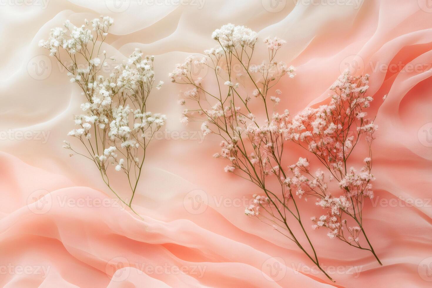 Gypsophila flowers lying on delicate chiffon fabric creating a beautiful pastel background photo