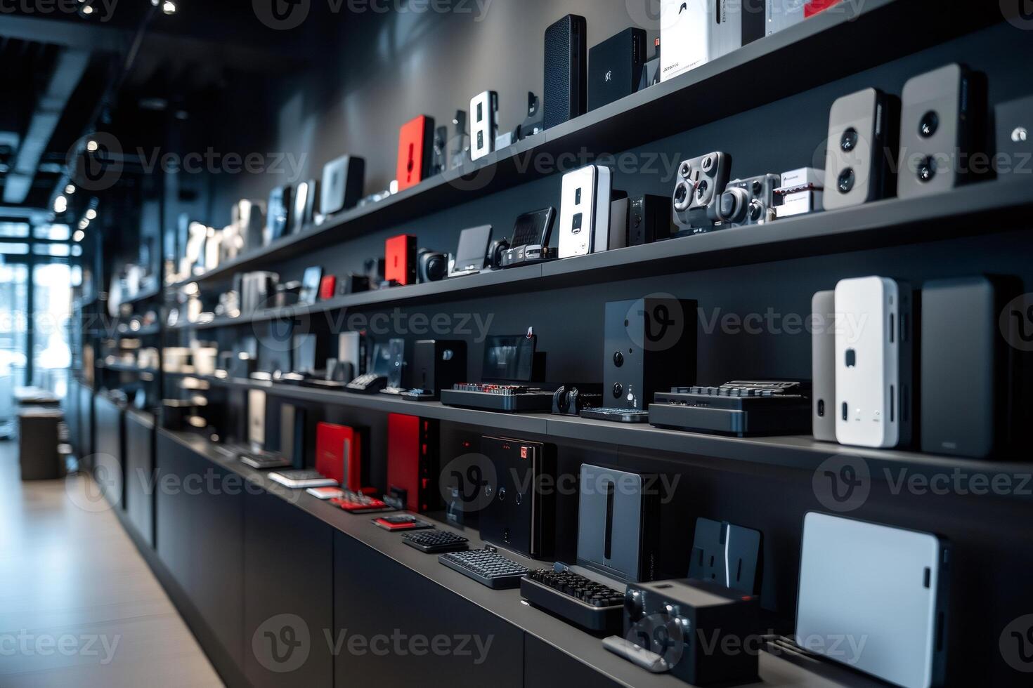 Modern electronic devices displayed on shelves in a retail store setting showcasing cutting edge technology photo