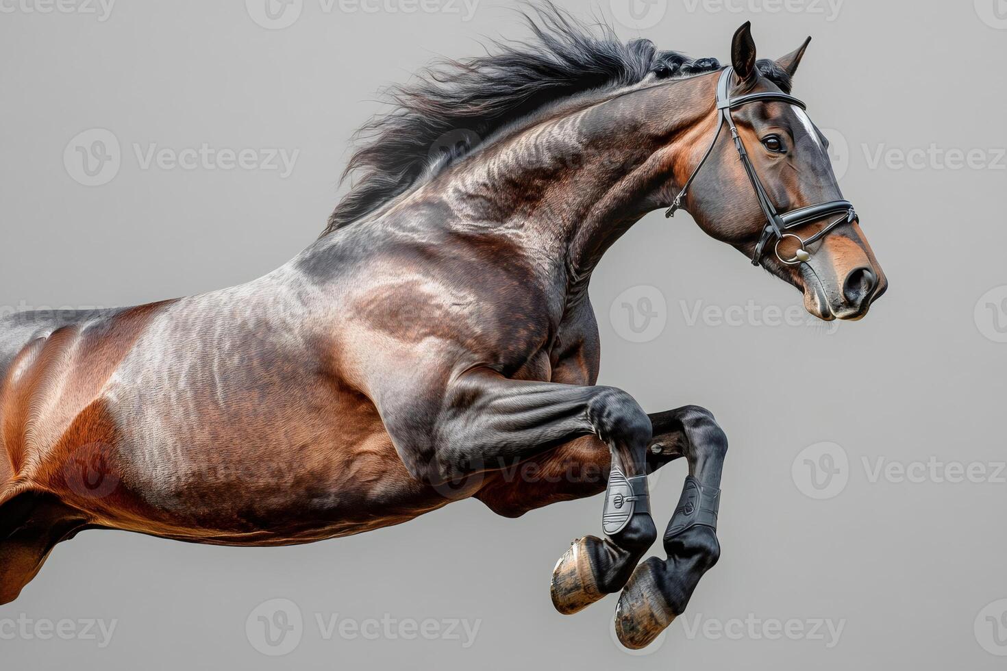 Powerful brown horse jumping with elegance and grace on gray background photo