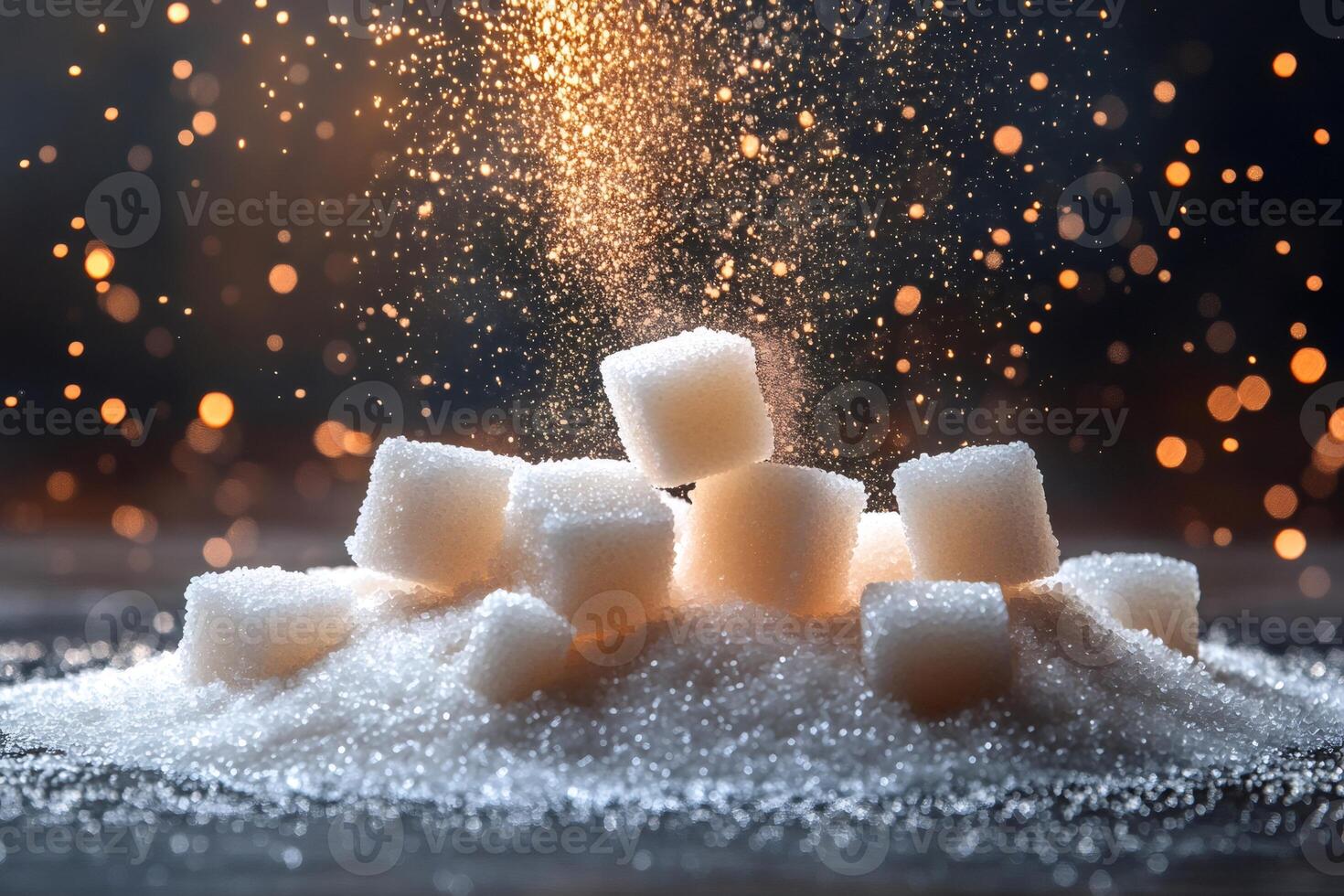 Sparkling sugar falling on sugar cubes creating a small mountain of granulated sugar photo