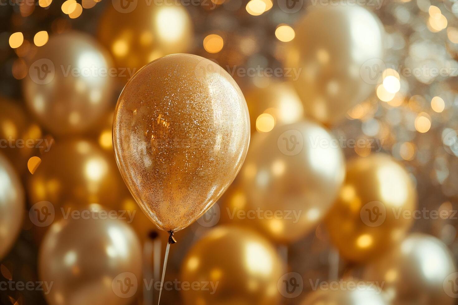 Golden balloon with glitter floating among other balloons with festive bokeh lights photo
