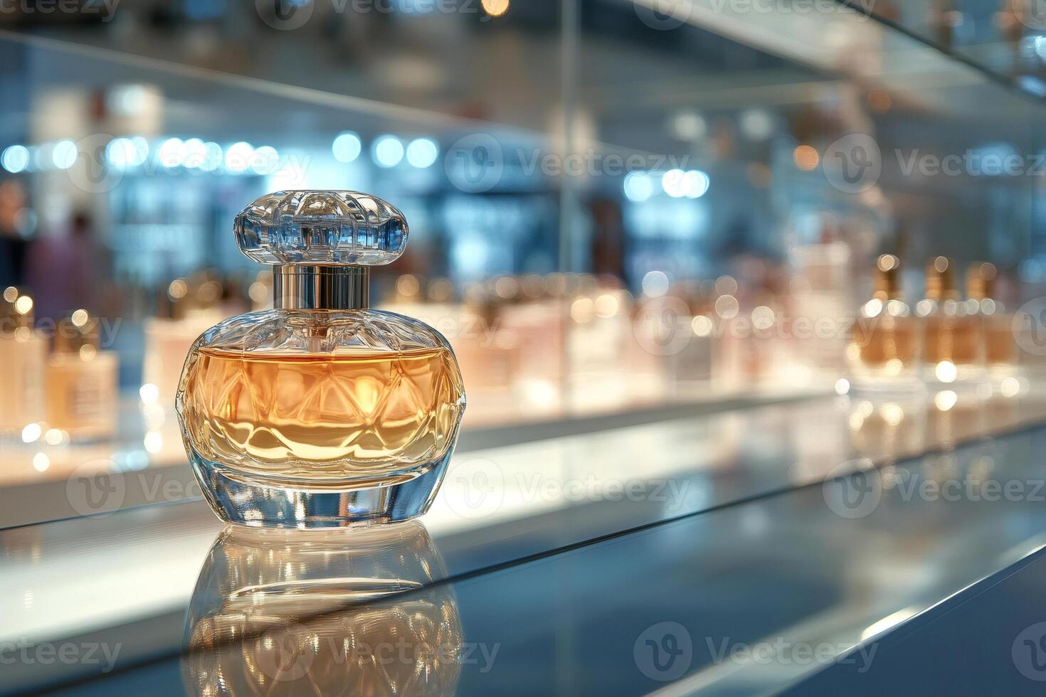 Elegant Perfume Bottle Displayed on Glass Shelf in Store photo