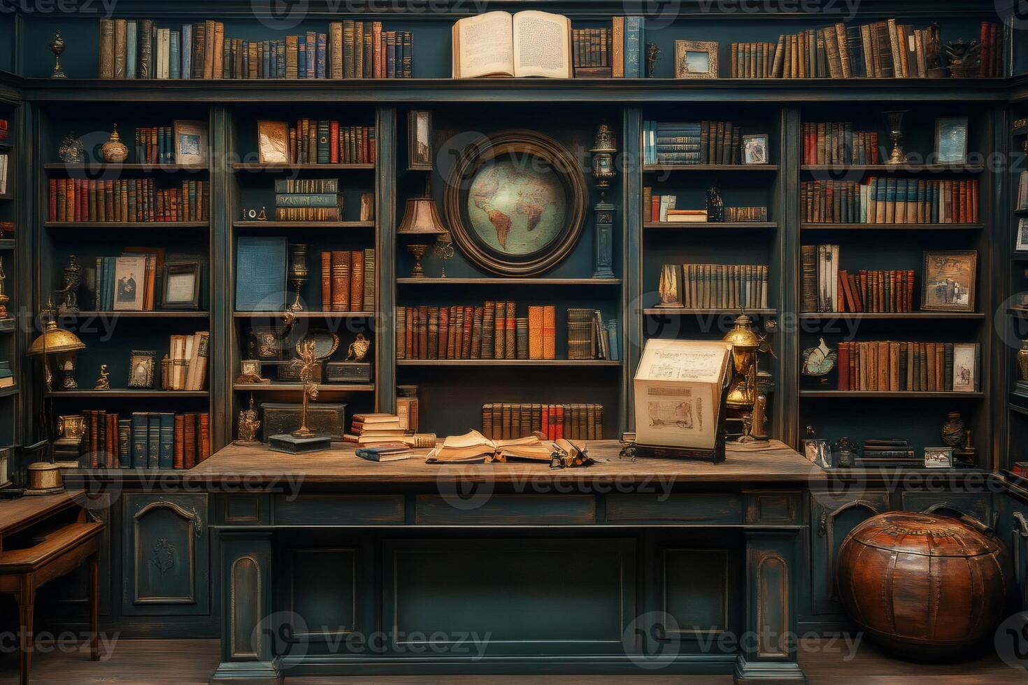 Classic private library interior with open books on desk and globe on wall photo
