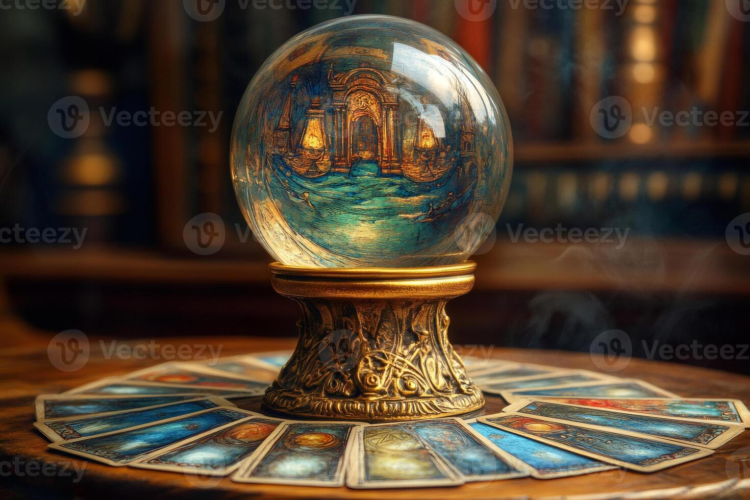 Crystal ball revealing a mysterious temple resting on tarot cards in a fortune teller room photo