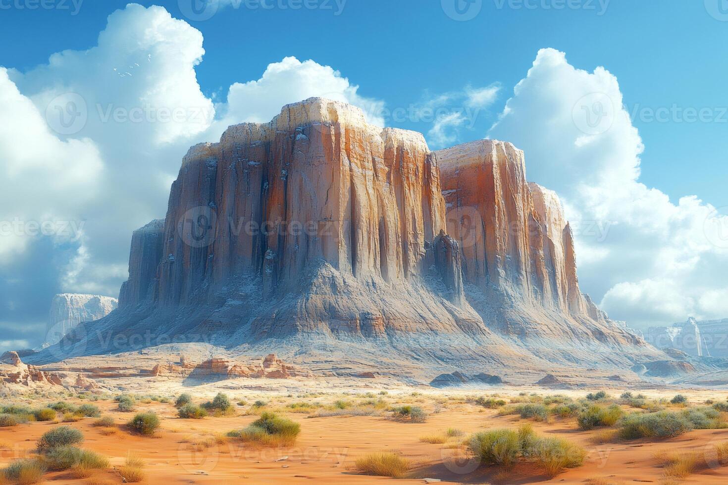 Monument Valley landscape showing large sandstone butte under partly cloudy sky photo