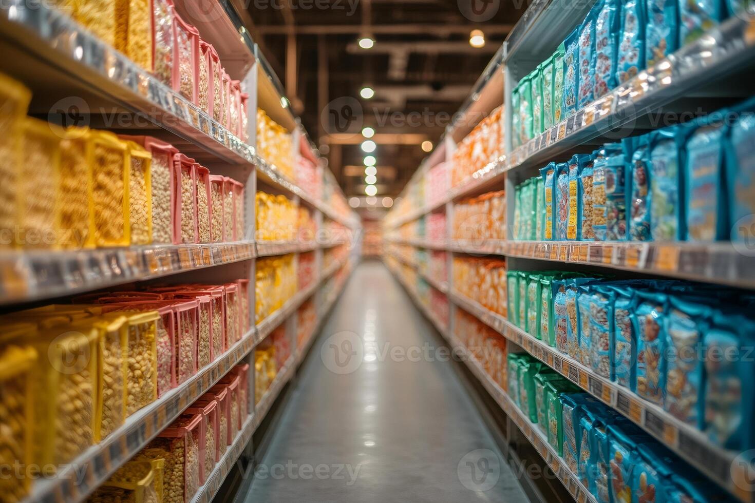 Colorful snacks filling shelves in supermarket aisle creating perspective lines photo
