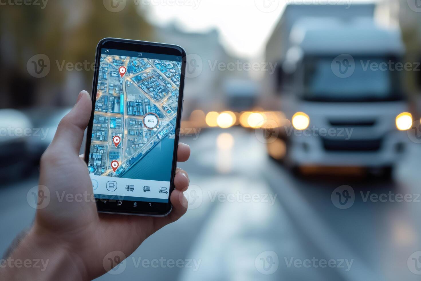 Truck driver using gps navigation app on smartphone for delivery tracking and route optimization photo