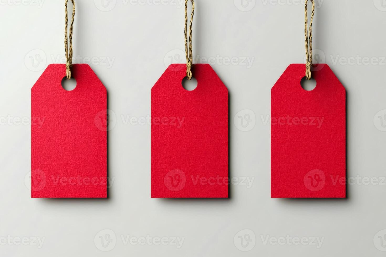 Three red hanging blank price tags on white background photo
