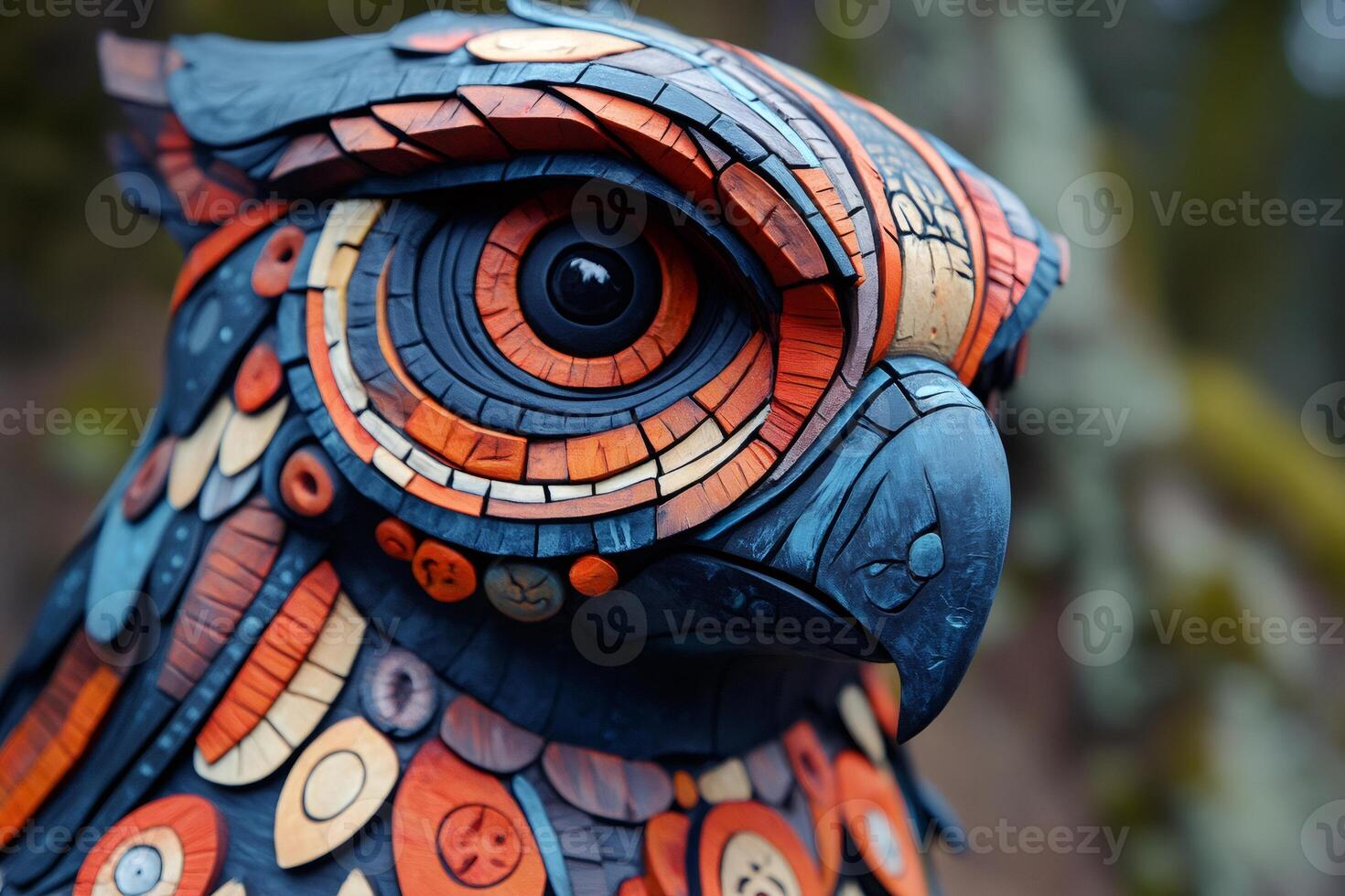 Colorful owl sculpture looking intensely with mosaic design photo