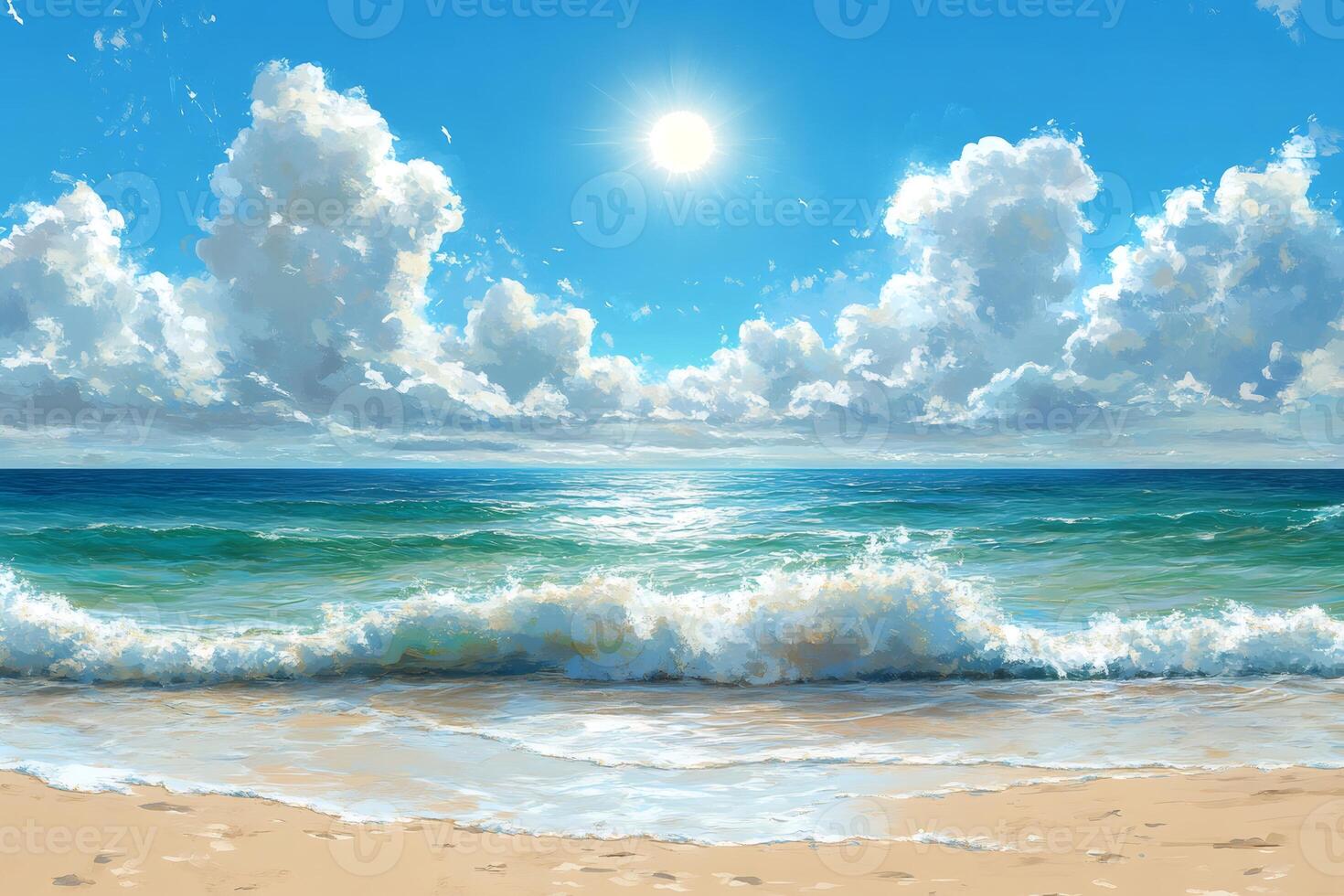 Ocean waves crashing on sandy beach under bright sun and cloudy sky photo