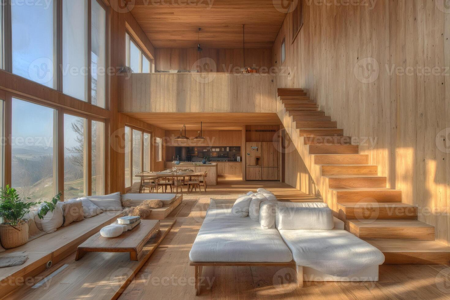 Modern wooden open space living room overlooking hills with staircase and mezzanine photo