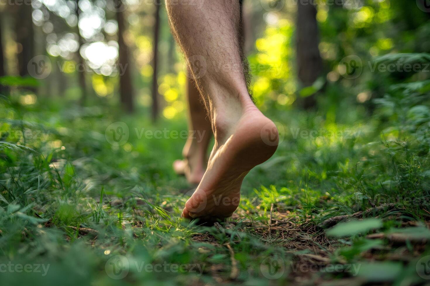 Man walking barefoot on green grass in forest enjoying nature photo