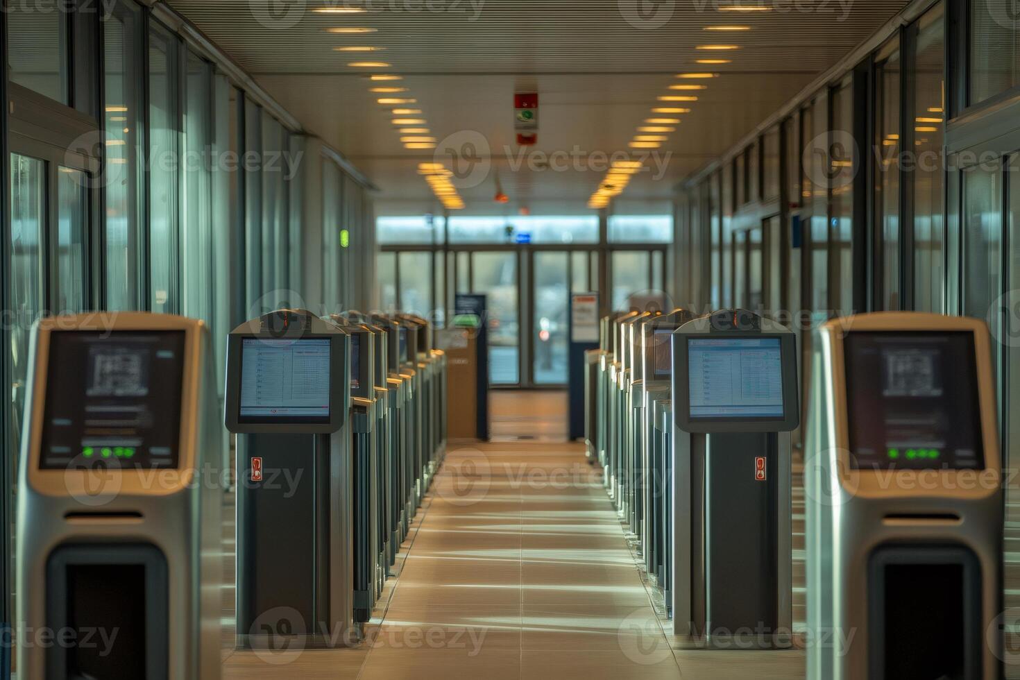 Empty modern railway station hall with self service ticket machines showing timetables photo