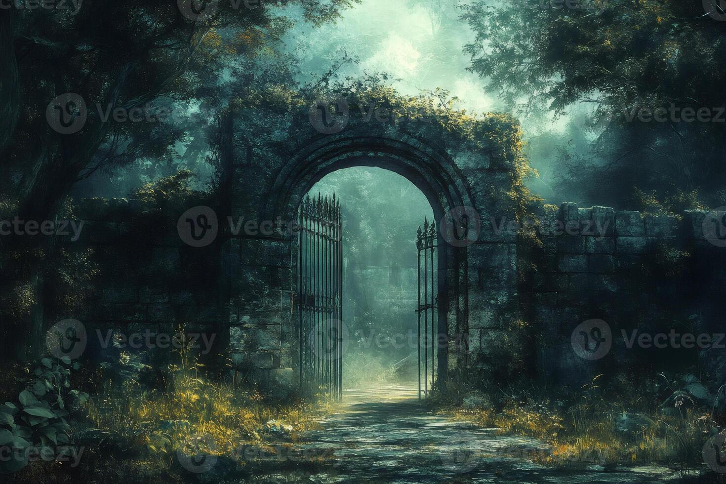 Open gate to enchanted misty forest in magic world photo