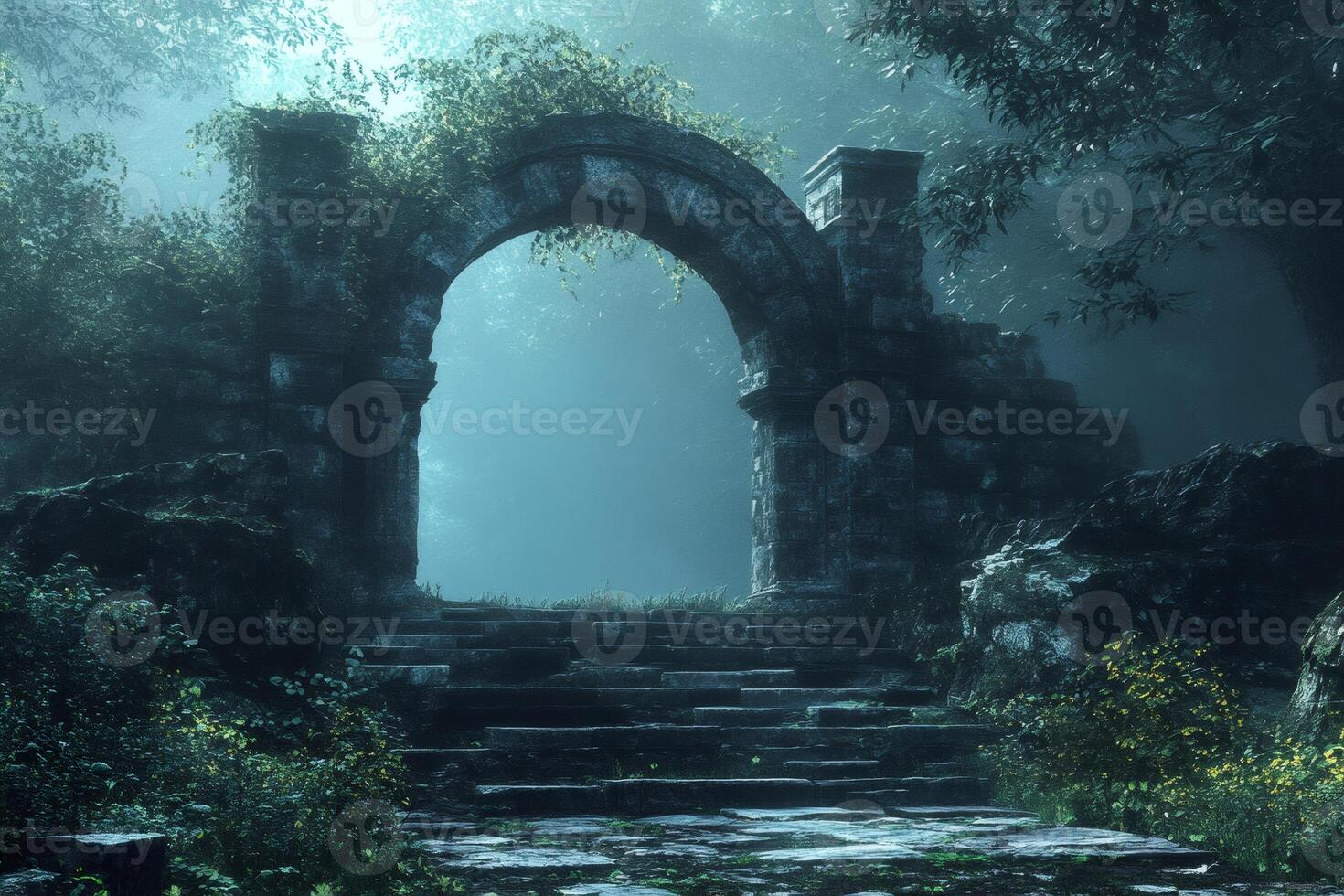Ancient stone archway emerging from the mist in a mysterious forest photo