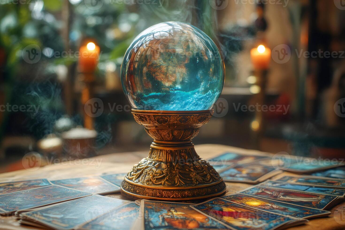 Magic crystal ball emitting smoke stands on tarot cards on a wooden table with candles in the background photo