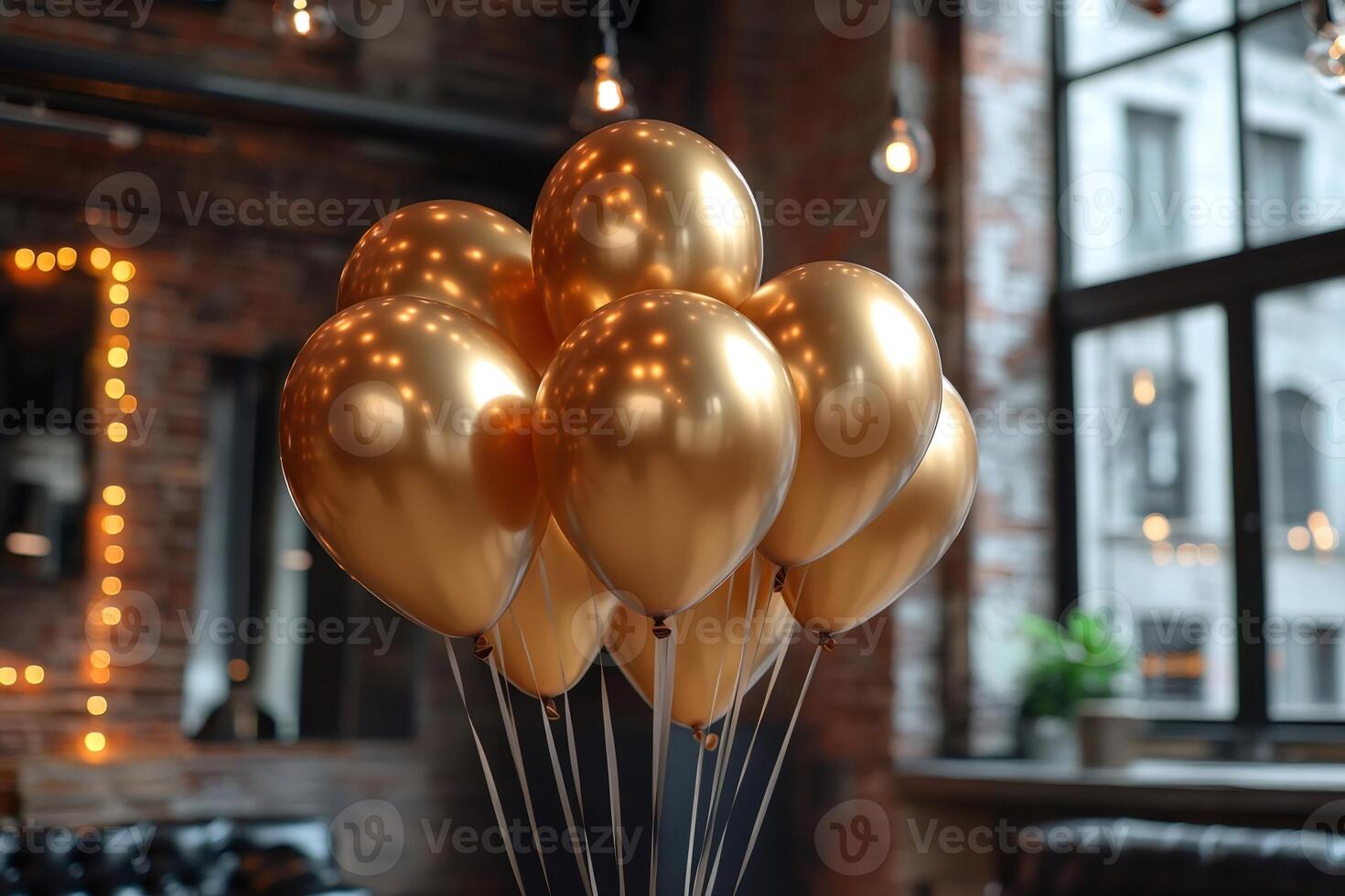 Golden balloons floating in a modern loft interior celebrating a special occasion photo