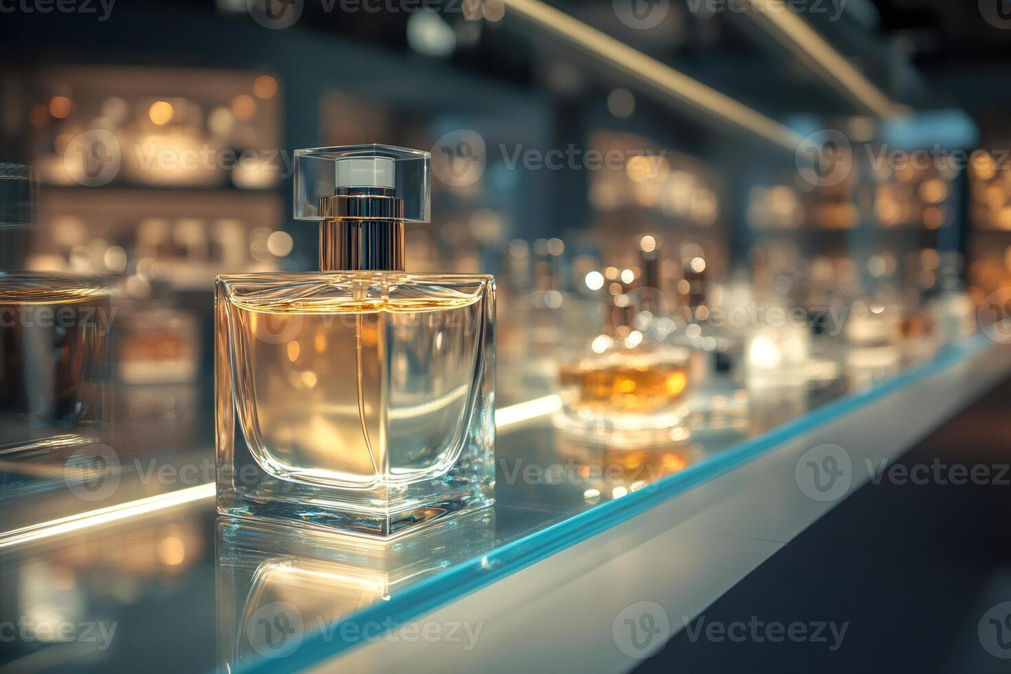 Elegant perfume bottles sitting on glass shelf in store with warm lighting photo