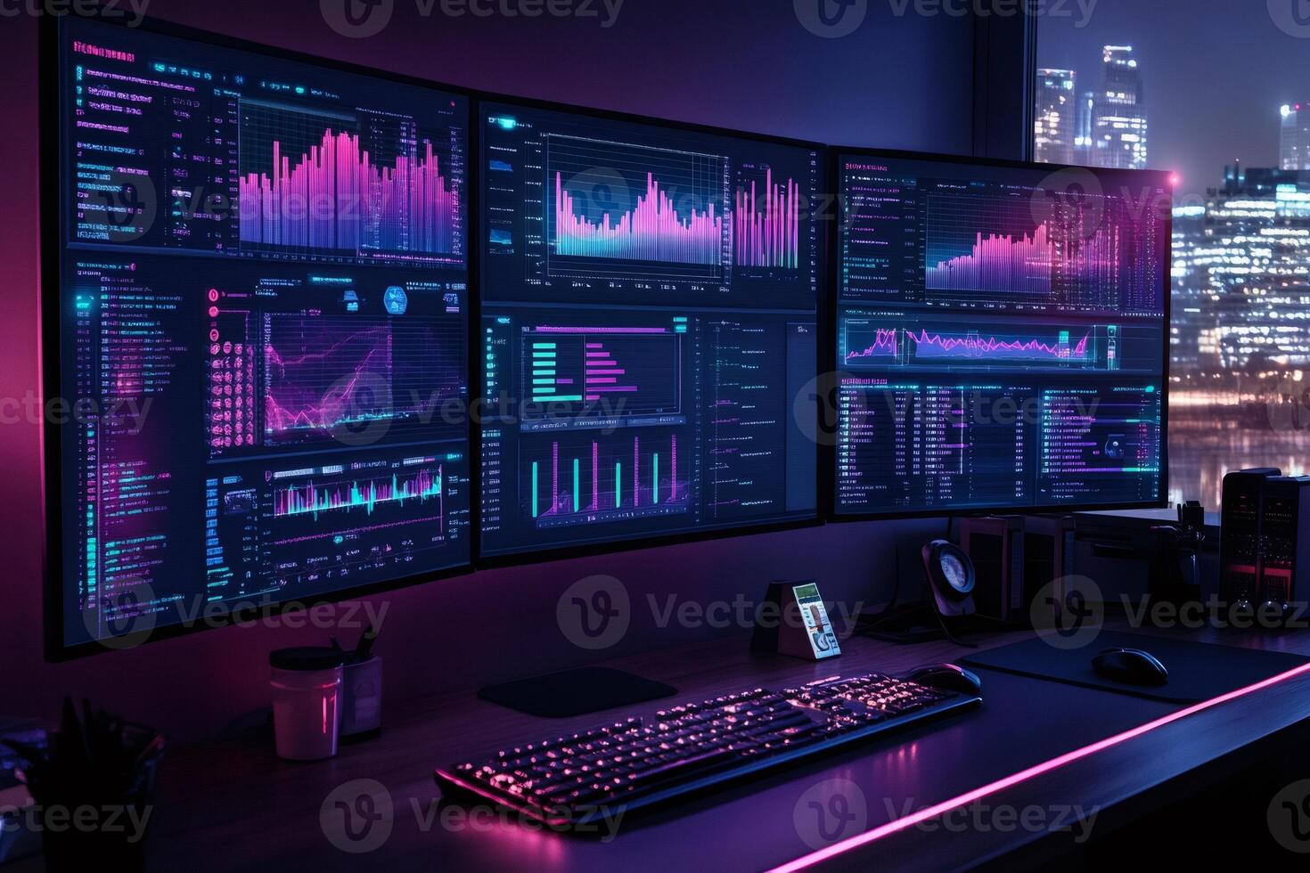 Modern workplace showing graphs and data on multiple computer screens at night photo