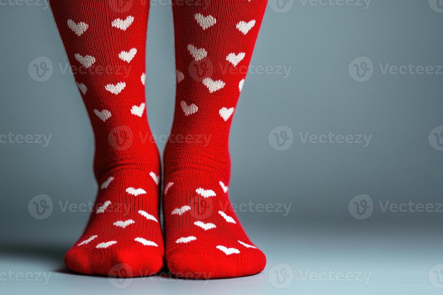 Woman wearing red socks with white hearts celebrating Valentine's Day photo