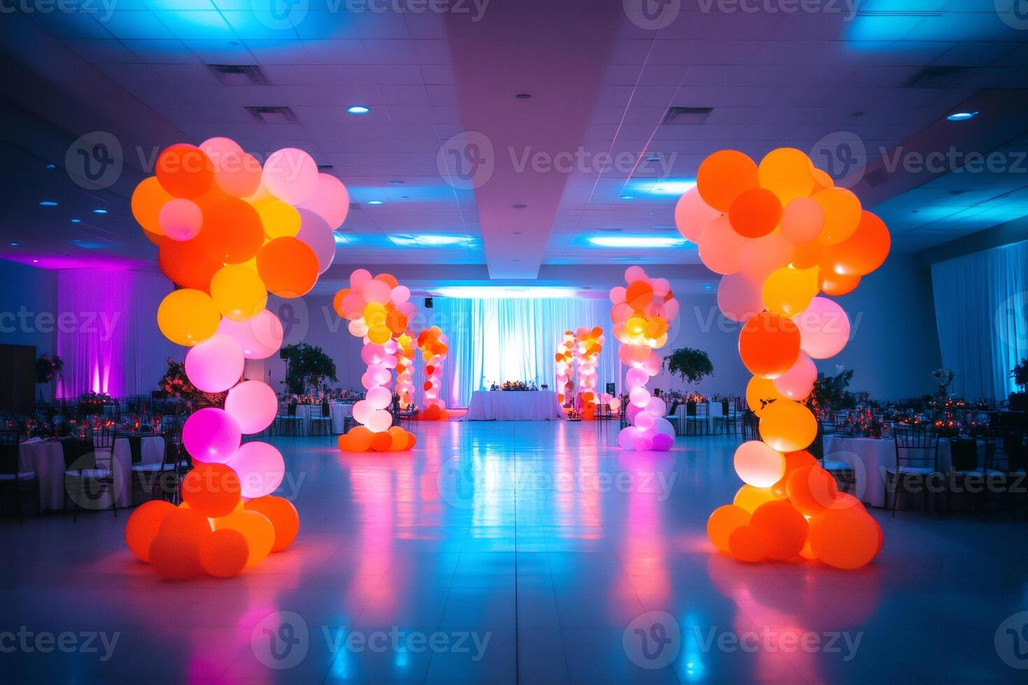 Colorful balloon decorations illuminating wedding reception hall photo