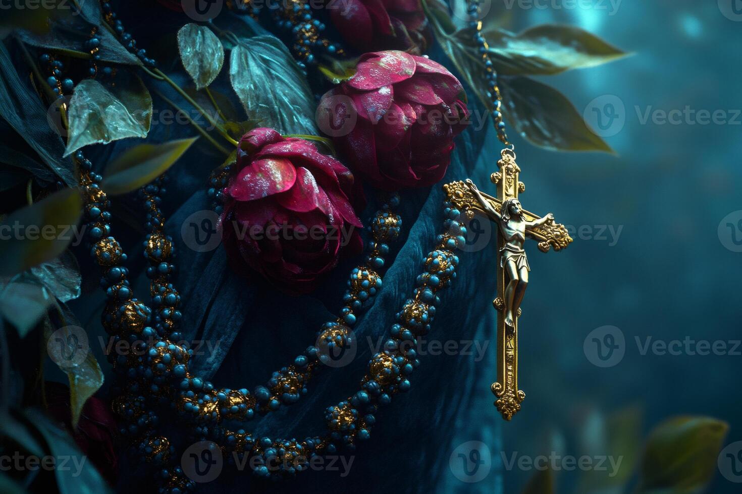 Ornate rosary beads draped over vibrant roses photo