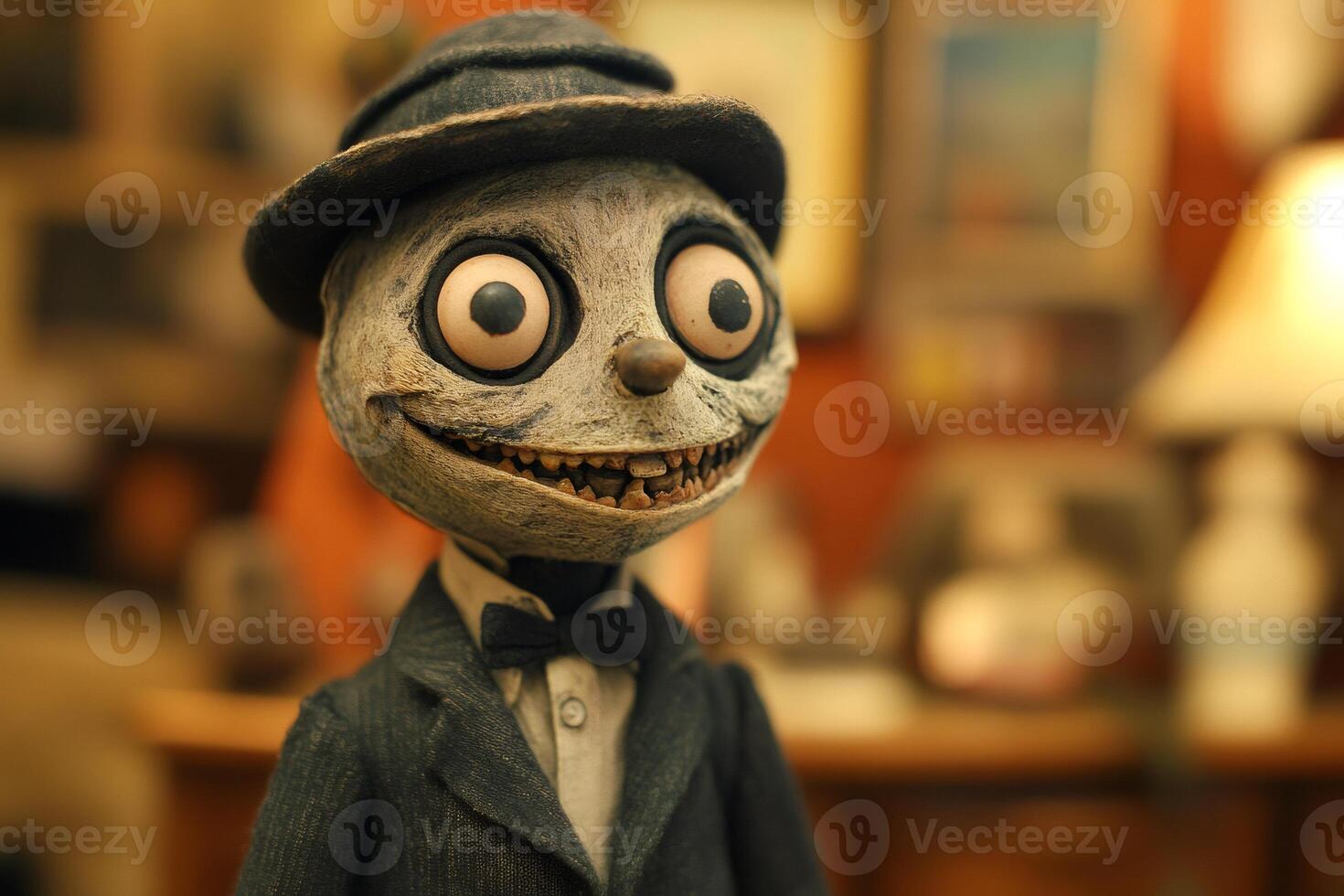 Creepy Cartoon Character with Wide Eyes and Grinning Smile photo