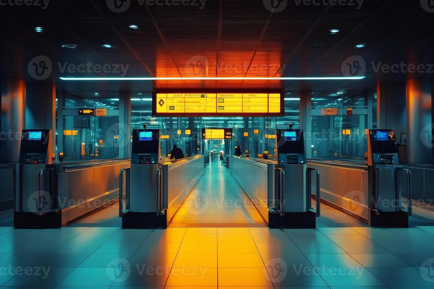 Airport travelator with information display showing destinations and departures in orange and teal colors photo