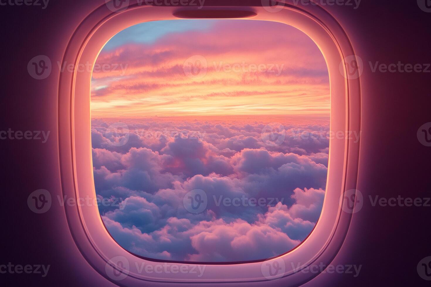 Dramatic sunset over clouds viewed from airplane window during flight photo