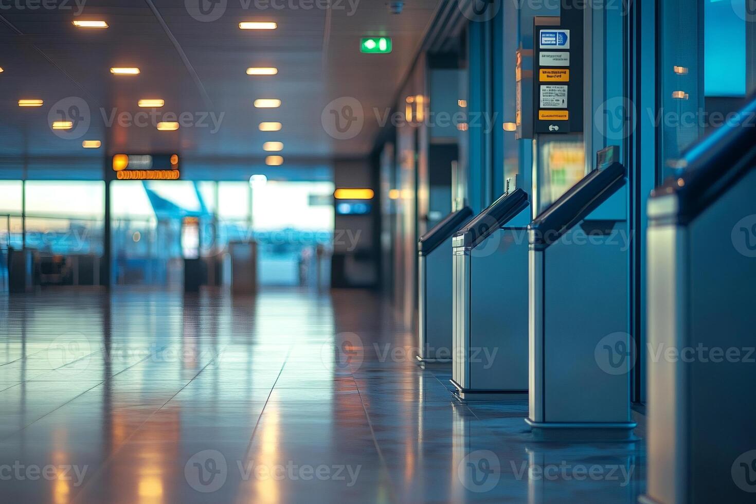Empty automatic ticket gates reflecting on shiny airport floor photo