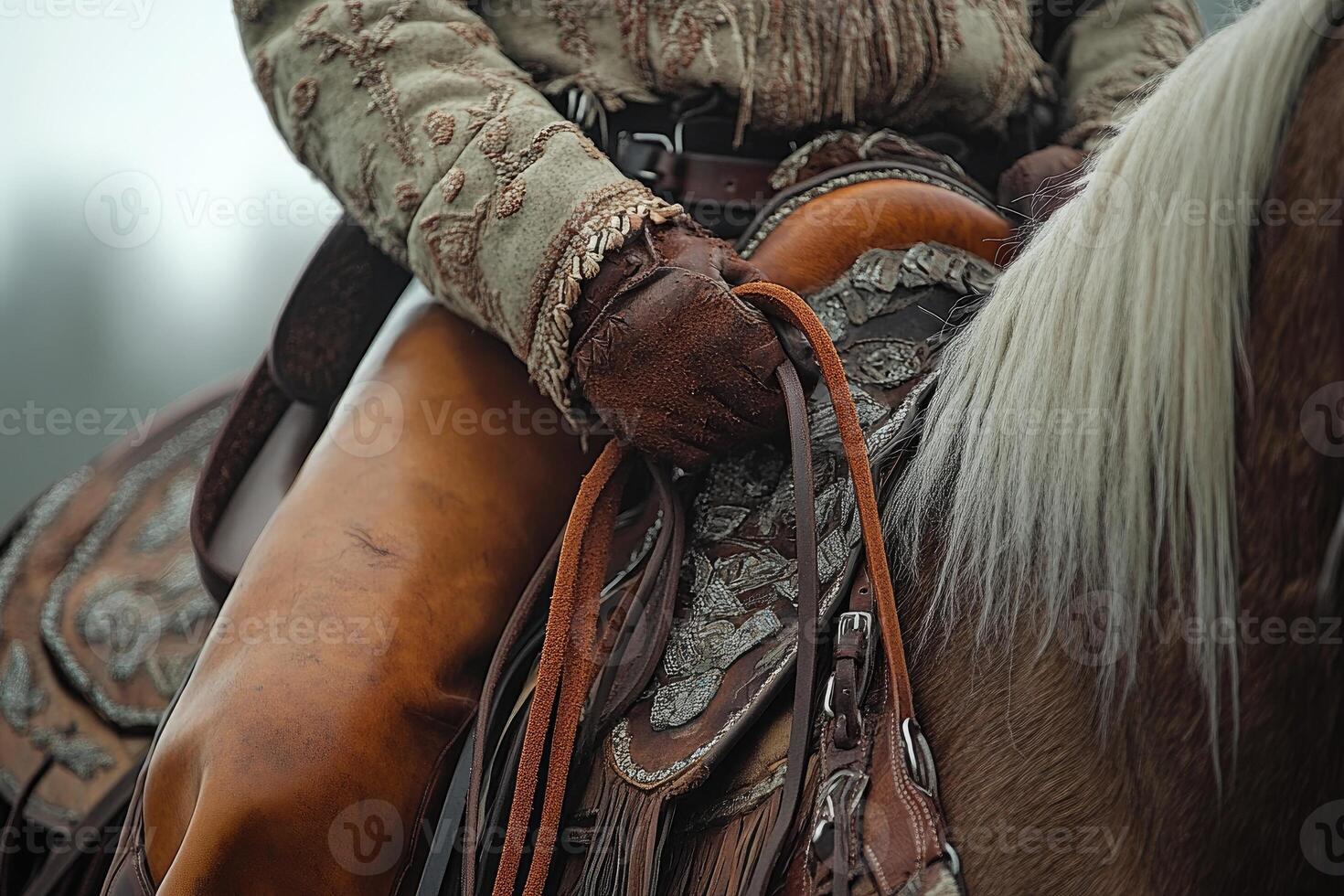 Cowboy riding horse wearing leather chaps and gloves holding reins photo