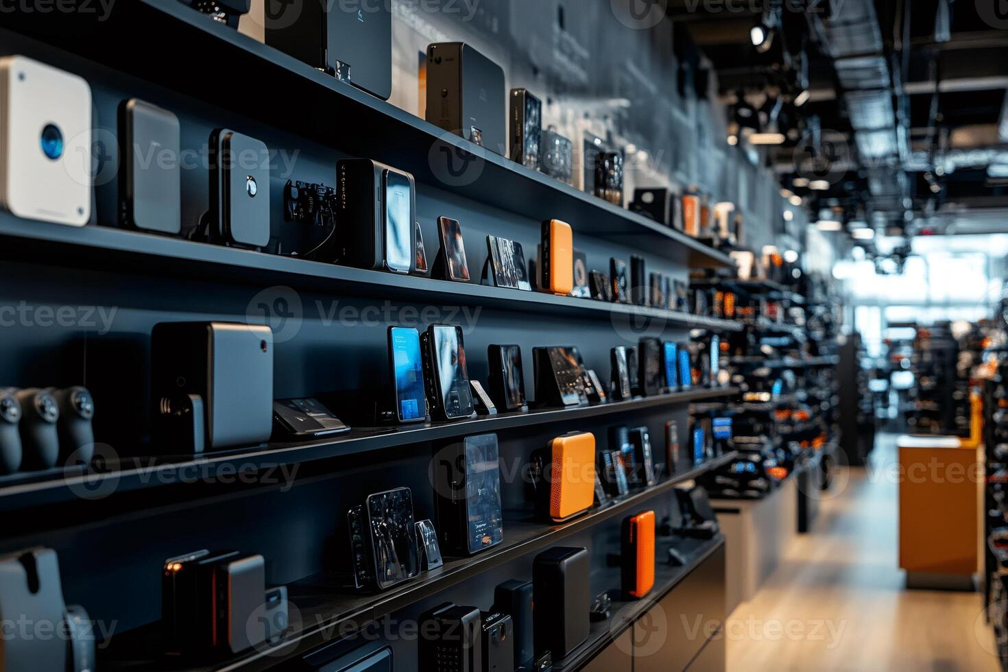 Modern electronics store displaying various devices on black shelves photo