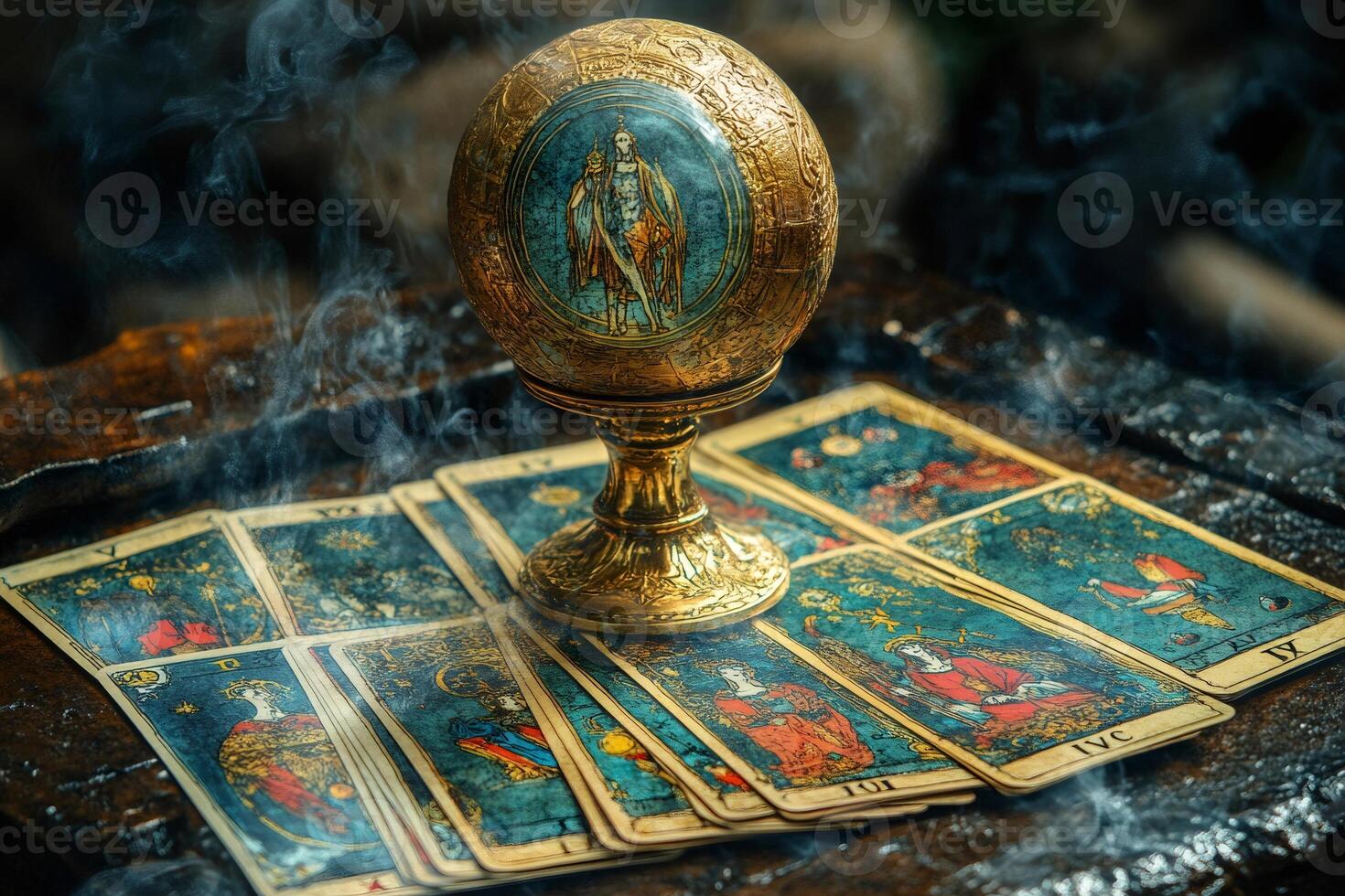Golden sphere resting on tarot cards creates a mystical atmosphere photo